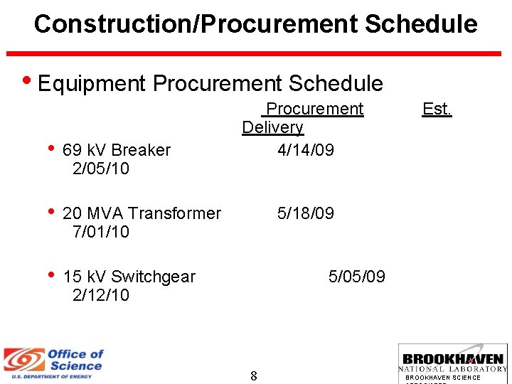 Construction/Procurement Schedule • Equipment Procurement Schedule • 69 k. V Breaker 2/05/10 • 20