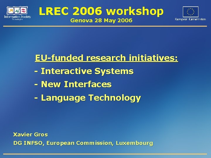 LREC 2006 workshop Genova 28 May 2006 EU-funded research initiatives: - Interactive Systems -