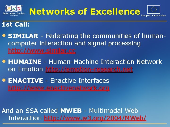 Networks of Excellence 1 st Call: • SIMILAR - Federating the communities of humancomputer