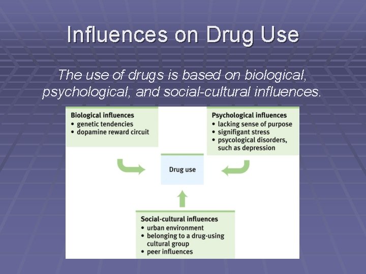 Influences on Drug Use The use of drugs is based on biological, psychological, and