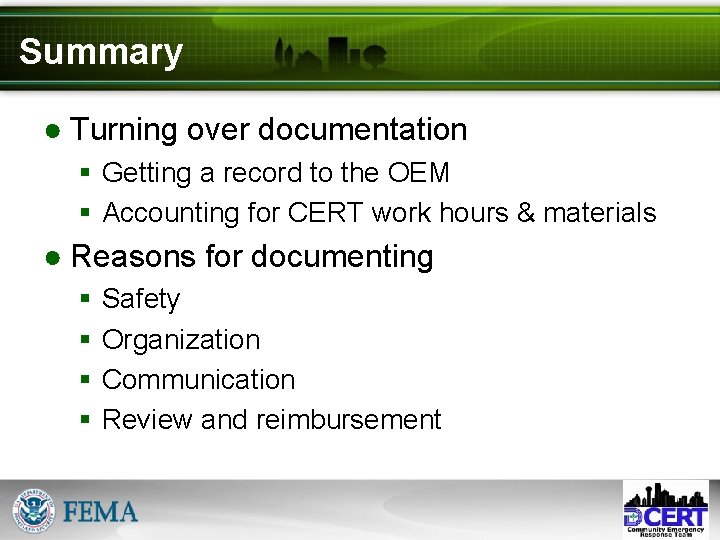 Summary ● Turning over documentation § Getting a record to the OEM § Accounting