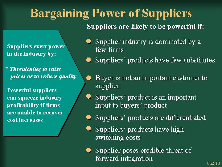 Bargaining Power of Suppliers are likely to be powerful if: Suppliers exert power in