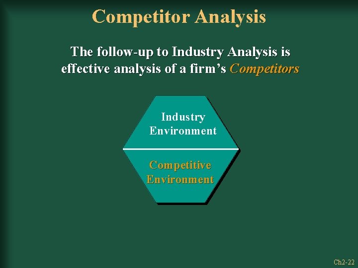 Competitor Analysis The follow-up to Industry Analysis is effective analysis of a firm’s Competitors