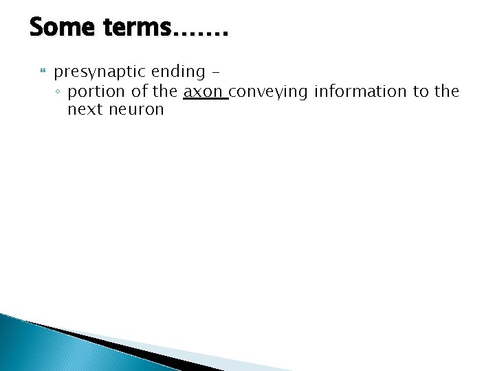 Some terms……. presynaptic ending – ◦ portion of the axon conveying information to the