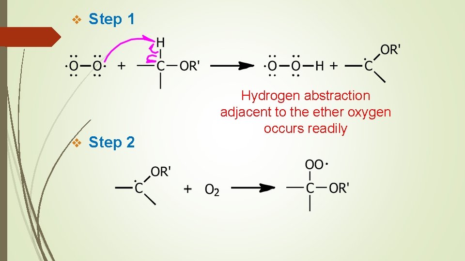 v v Step 1 Step 2 Hydrogen abstraction adjacent to the ether oxygen occurs