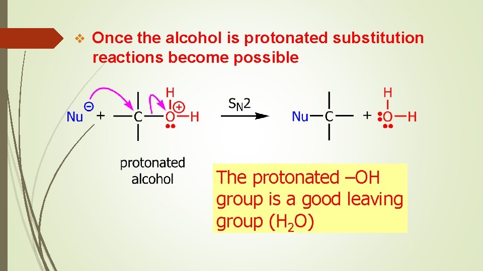 v Once the alcohol is protonated substitution reactions become possible The protonated –OH group