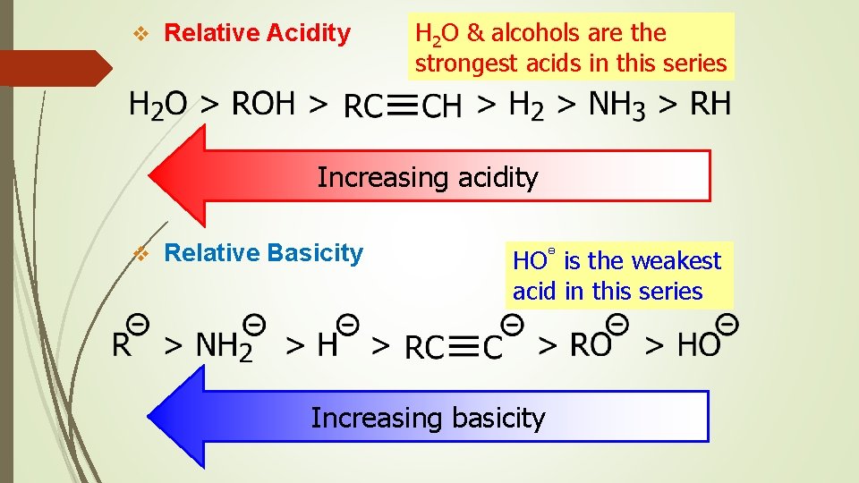 v Relative Acidity H 2 O & alcohols are the strongest acids in this