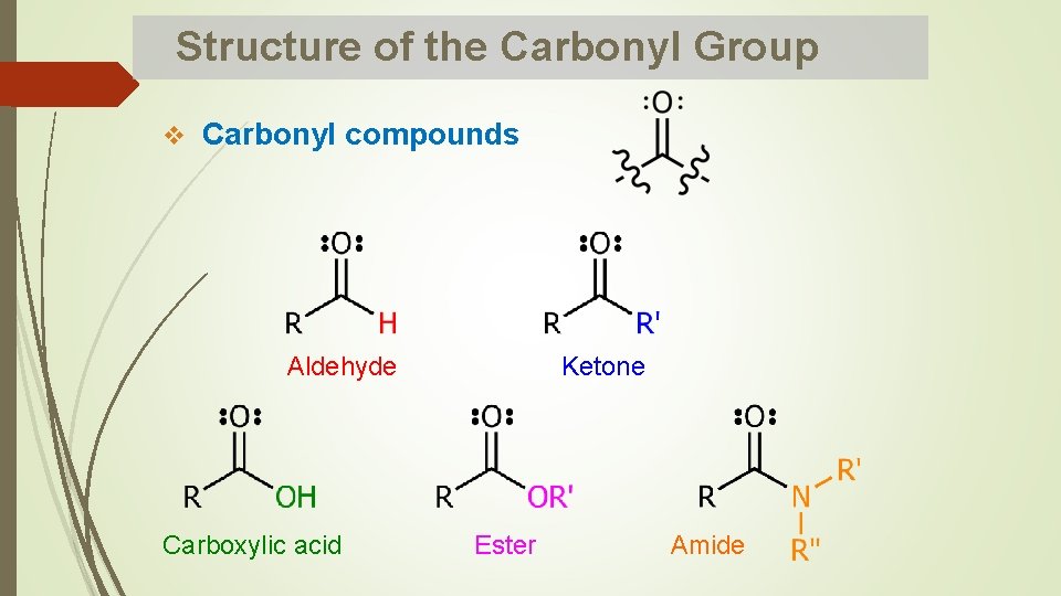 Structure of the Carbonyl Group v Carbonyl compounds Aldehyde Carboxylic acid Ketone Ester Amide