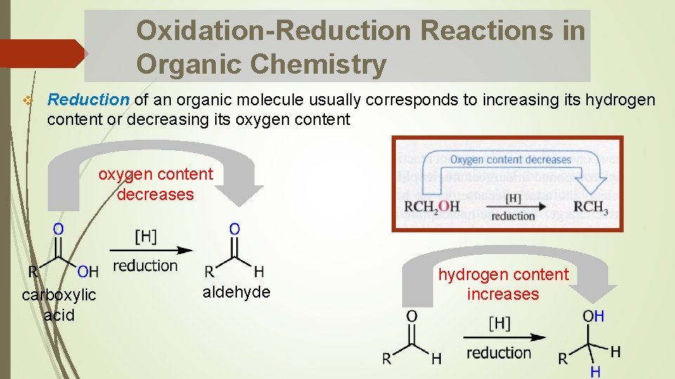 Oxidation-Reduction Reactions in Organic Chemistry v Reduction of an organic molecule usually corresponds to