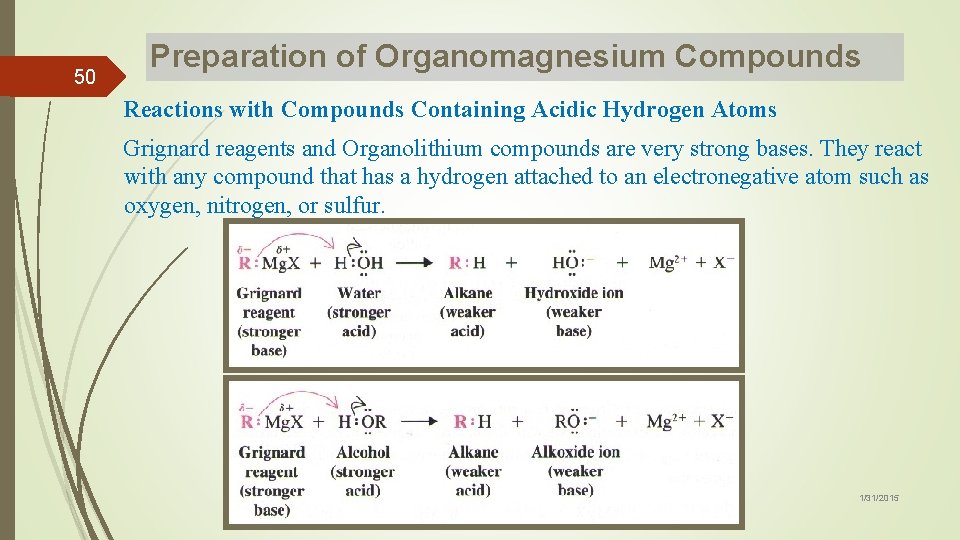 50 Preparation of Organomagnesium Compounds Reactions with Compounds Containing Acidic Hydrogen Atoms Grignard reagents