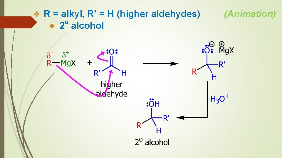 v R = alkyl, R’ = H (higher aldehydes) o ● 2 alcohol (Animation)