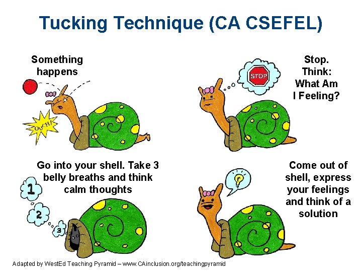 Tucking Technique (CA CSEFEL) Something happens Go into your shell. Take 3 belly breaths