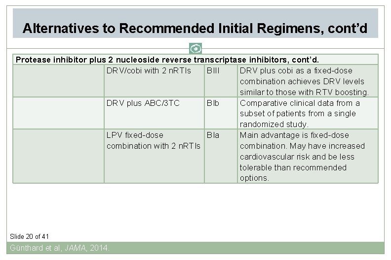 Alternatives to Recommended Initial Regimens, cont’d Protease inhibitor plus 2 nucleoside reverse transcriptase inhibitors,