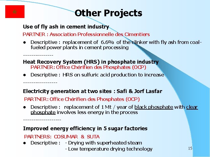 Other Projects Use of fly ash in cement industry PARTNER : Association Professionnelle des