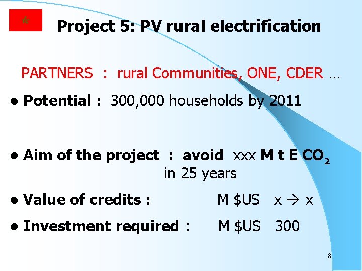  Project 5: PV rural electrification PARTNERS : rural Communities, ONE, CDER … l