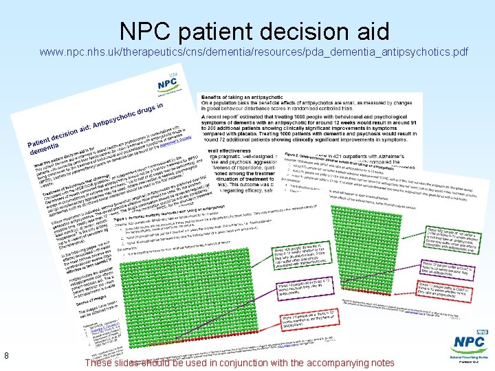 NPC patient decision aid www. npc. nhs. uk/therapeutics/cns/dementia/resources/pda_dementia_antipsychotics. pdf 8 These slides should be
