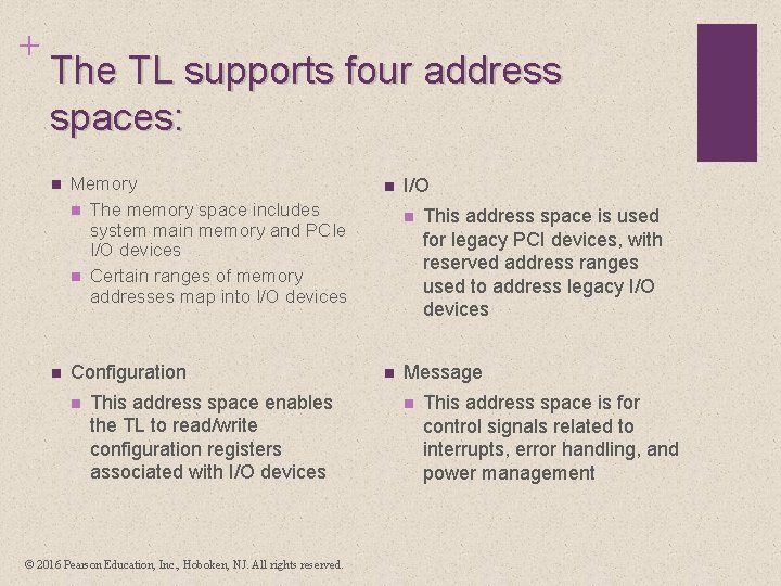 + The TL supports four address spaces: n n Memory n The memory space