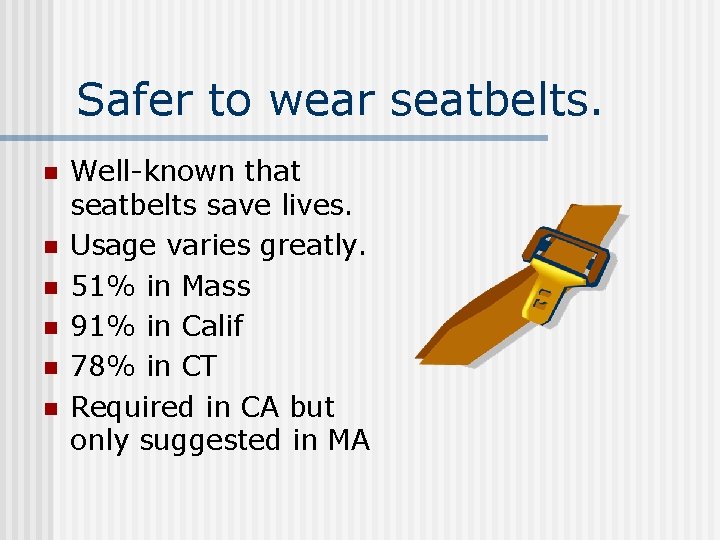 Safer to wear seatbelts. n n n Well-known that seatbelts save lives. Usage varies