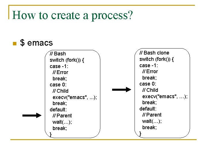 How to create a process? n $ emacs // Bash switch (fork()) { case