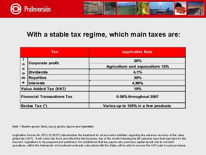 With a stable tax regime, which main taxes are: Note: * Burden goods: fuels,