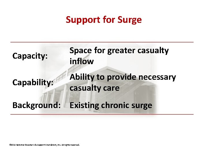 Support for Surge Capacity: Space for greater casualty inflow Capability: Ability to provide necessary