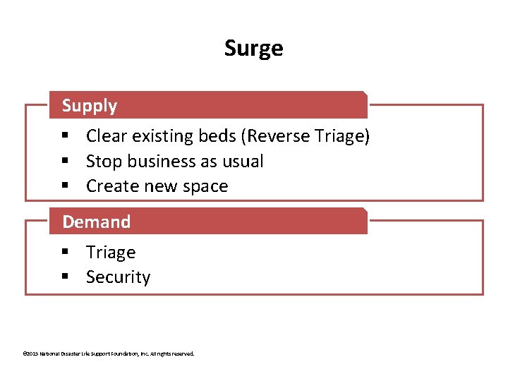 Surge Supply § Clear existing beds (Reverse Triage) § Stop business as usual §