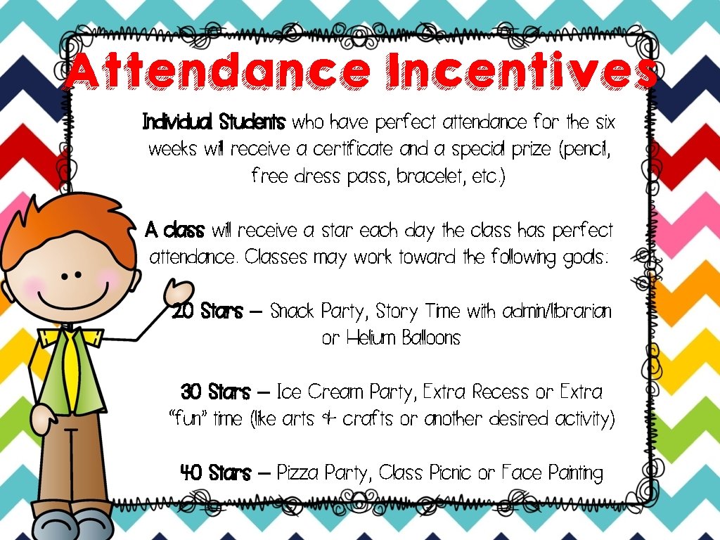 Attendance Incentives Individual Students who have perfect attendance for the six weeks wil receive