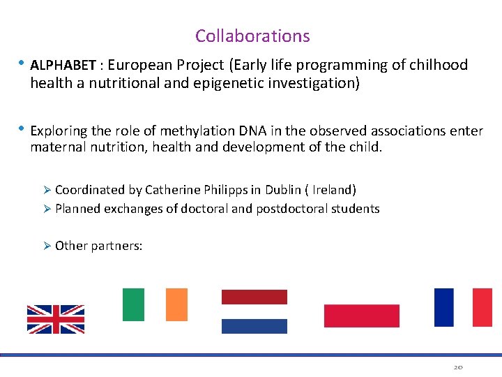 Collaborations • ALPHABET : European Project (Early life programming of chilhood health a nutritional