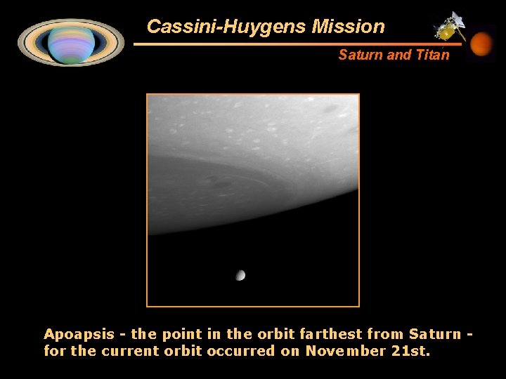 Cassini-Huygens Mission Saturn and Titan Apoapsis - the point in the orbit farthest from