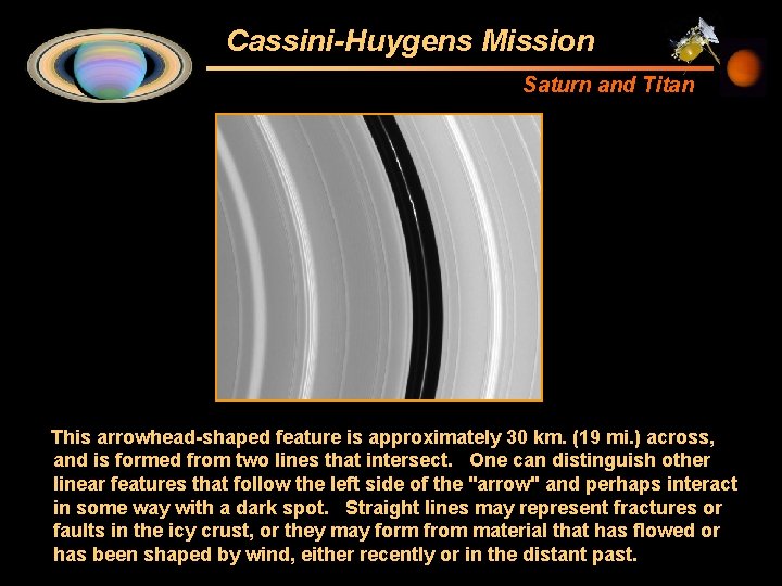 Cassini-Huygens Mission Saturn and Titan This arrowhead-shaped feature is approximately 30 km. (19 mi.