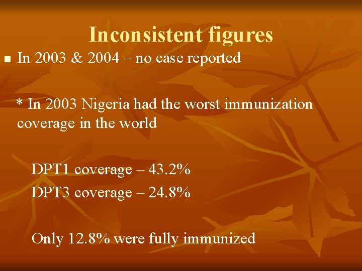 Inconsistent figures n In 2003 & 2004 – no case reported * In 2003