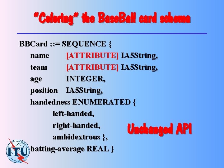 “Coloring” the Base. Ball card schema BBCard : : = SEQUENCE { name [ATTRIBUTE]