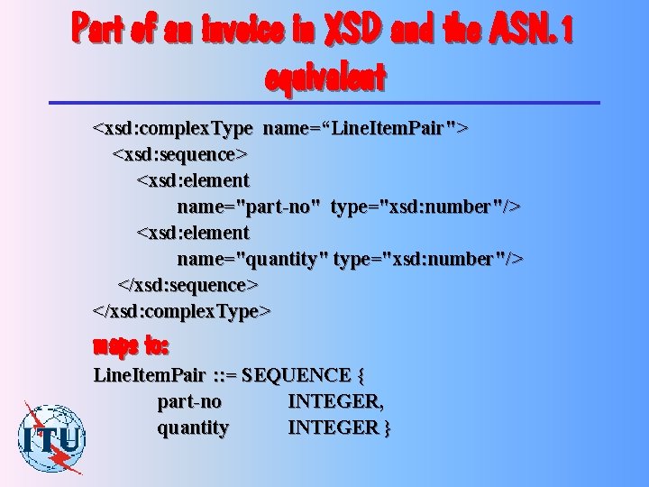 Part of an invoice in XSD and the ASN. 1 equivalent <xsd: complex. Type