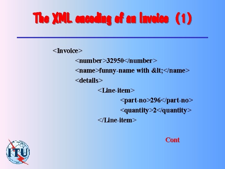 The XML encoding of an Invoice (1) <Invoice> <number>32950</number> <name>funny-name with < </name> <details>