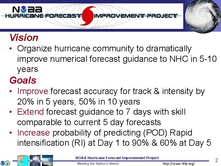 Vision • Organize hurricane community to dramatically improve numerical forecast guidance to NHC in