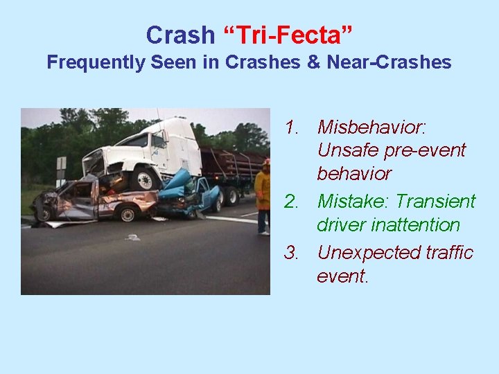 Crash “Tri-Fecta” Frequently Seen in Crashes & Near-Crashes 1. Misbehavior: Unsafe pre-event behavior 2.