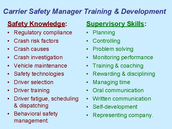 Carrier Safety Manager Training & Development Safety Knowledge: Supervisory Skills: • • • •