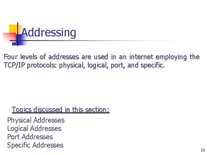 Addressing Four levels of addresses are used in an internet employing the TCP/IP protocols: