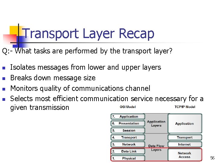 Transport Layer Recap Q: - What tasks are performed by the transport layer? n