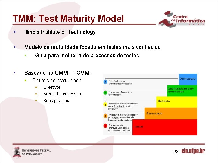 TMM: Test Maturity Model § Illinois Institute of Technology § Modelo de maturidade focado