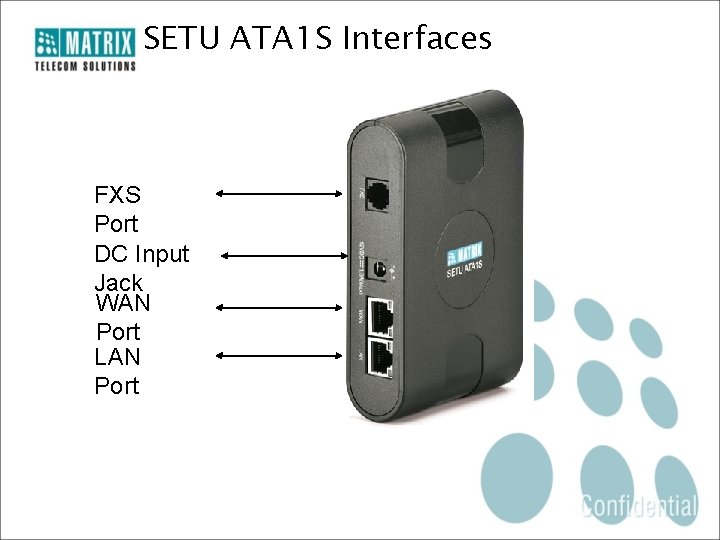 SETU ATA 1 S Interfaces FXS Port DC Input Jack WAN Port LAN Port