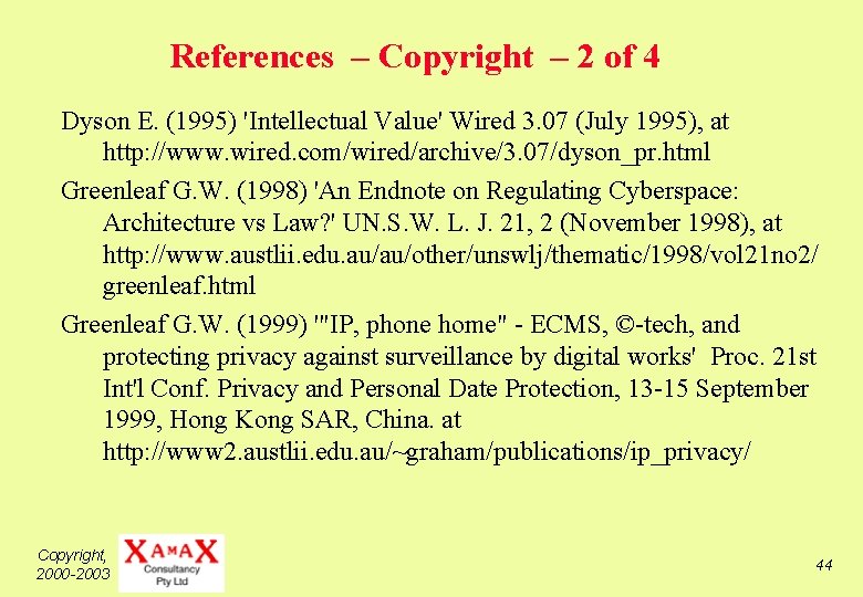 References – Copyright – 2 of 4 Dyson E. (1995) 'Intellectual Value' Wired 3.