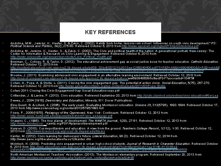 KEY REFERENCES • Andolina, M. W. , Jenkins, K. , Keeter, S. & Zukin,