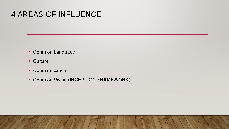 4 AREAS OF INFLUENCE • Common Language • Culture • Communication • Common Vision