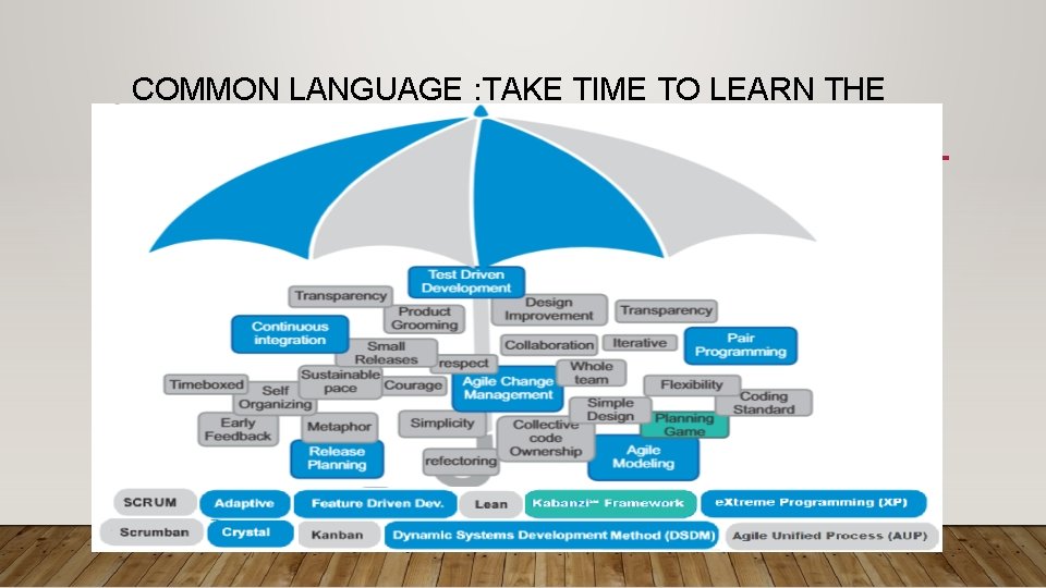 COMMON LANGUAGE : TAKE TIME TO LEARN THE AGILE UMBRELLA. 