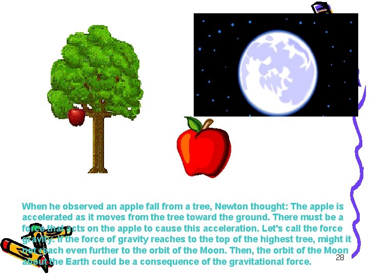 When he observed an apple fall from a tree, Newton thought: The apple is