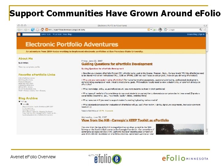 Support Communities Have Grown Around e. Folio Avenet e. Folio Overview 