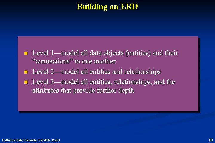 Building an ERD n n n Level 1—model all data objects (entities) and their