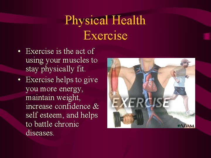 Physical Health Exercise • Exercise is the act of using your muscles to stay
