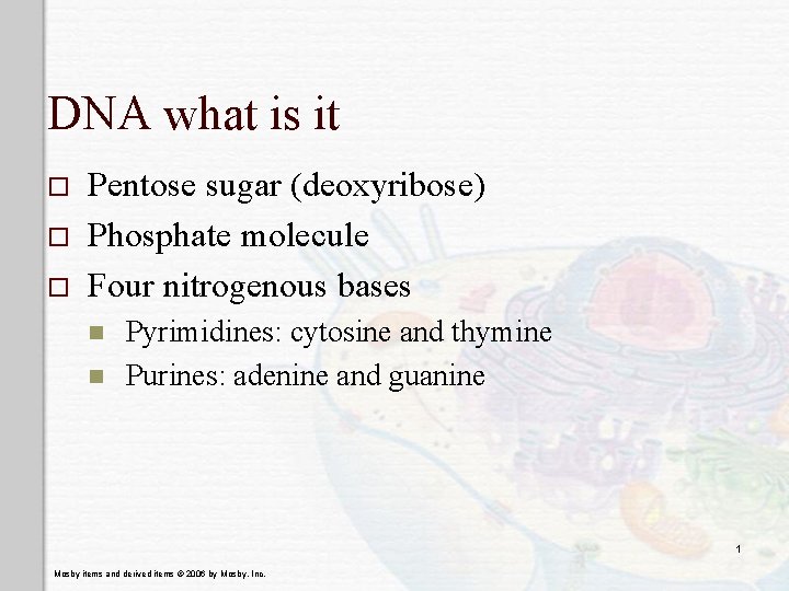 DNA what is it o o o Pentose sugar (deoxyribose) Phosphate molecule Four nitrogenous